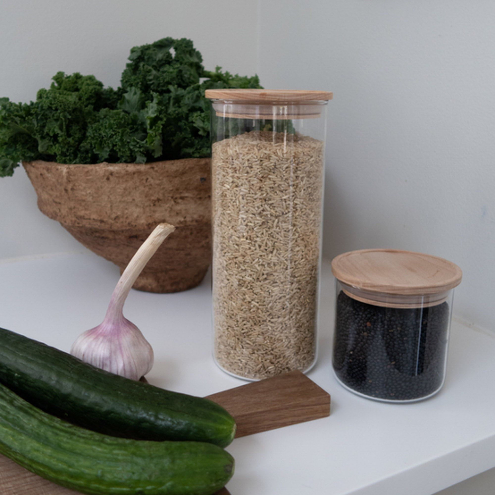 Pakkeløsning Pakkeløsning opbevaringsglas rund lys trælåg aestetisk ele living