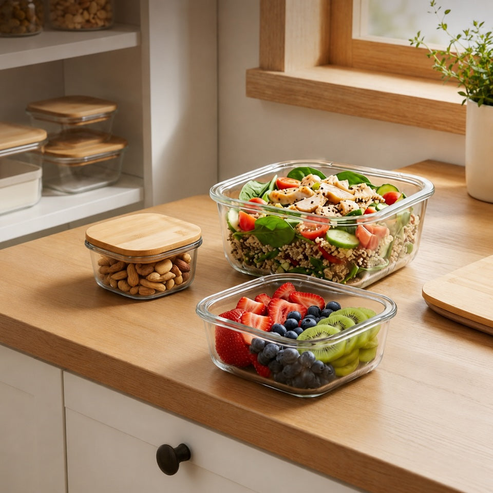 Kvadratisk produktbillede af glasbeholdere med bambuslåg på køkkenbord, fyldt med frisk frugt, salat og nødder i et lyst køkken.