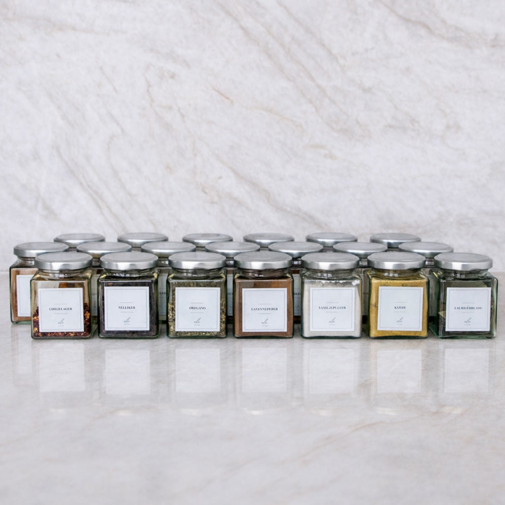 Pakkeløsning med krydderiglas med sølv låg samt krydderi- og udløbsdato labels