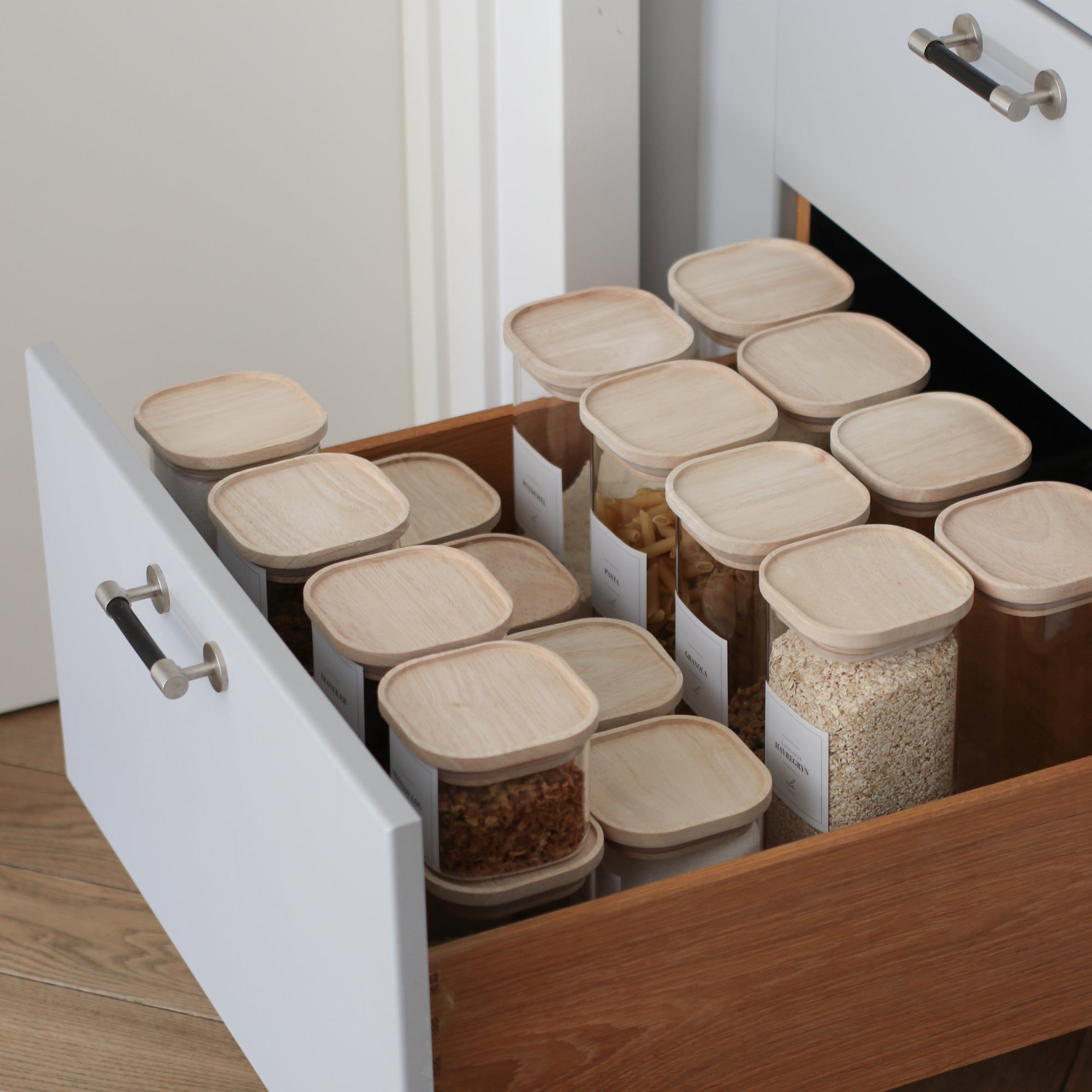Pakkeløsning Pakkeløsning opbevaringsglas firkantet lys trælåg aestetisk ele living