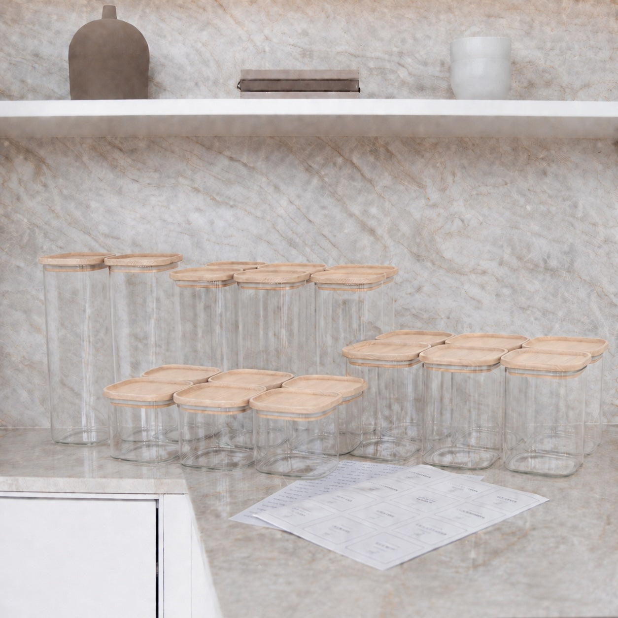 Große Paketlösung – 20 quadratische Aufbewahrungsgläser mit hellem Holzdeckel I élé living