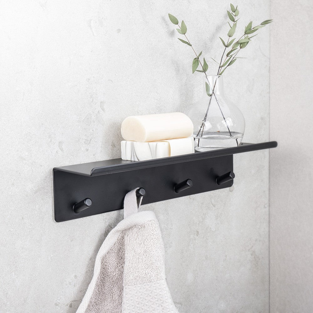 Towel hook 4 Hook w. shelf - Matt Black