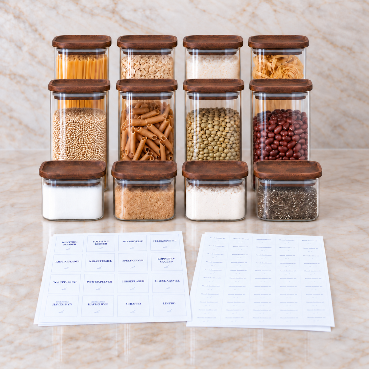 Autumn Pantry-pakkeløsning med 12 firkantede opbevaringsglas i tre størrelser, akacielåg, tørvarelabels og udløbsdatolabels