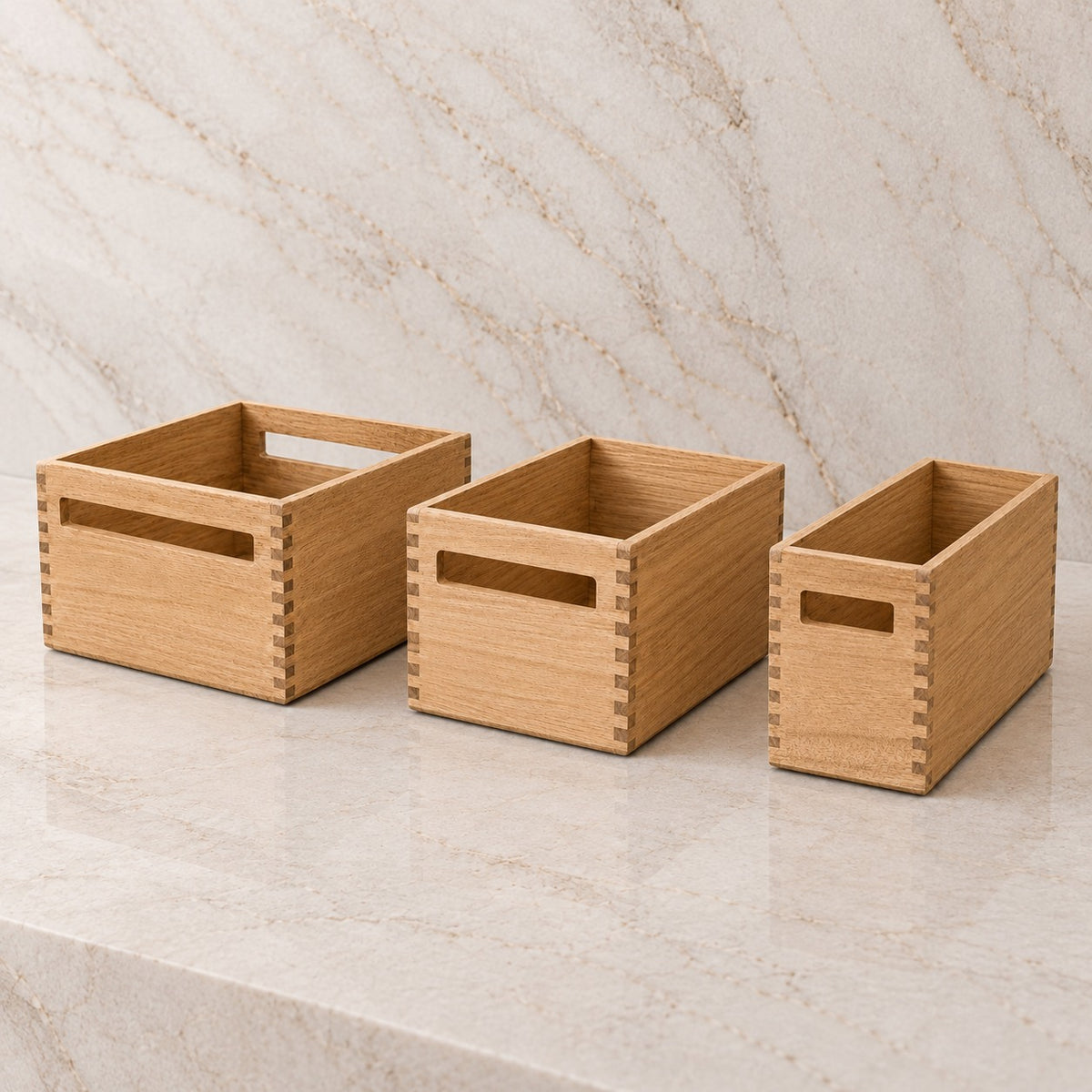Naturel Wooden Box-pakkeløsning med én Square, én Wide og én Slim i lyst paulowniatræ