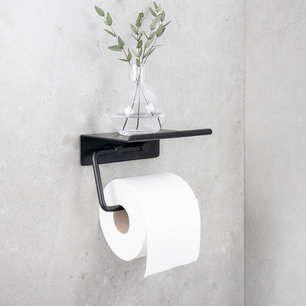 Toilet roll holder with shelf - Matt Black