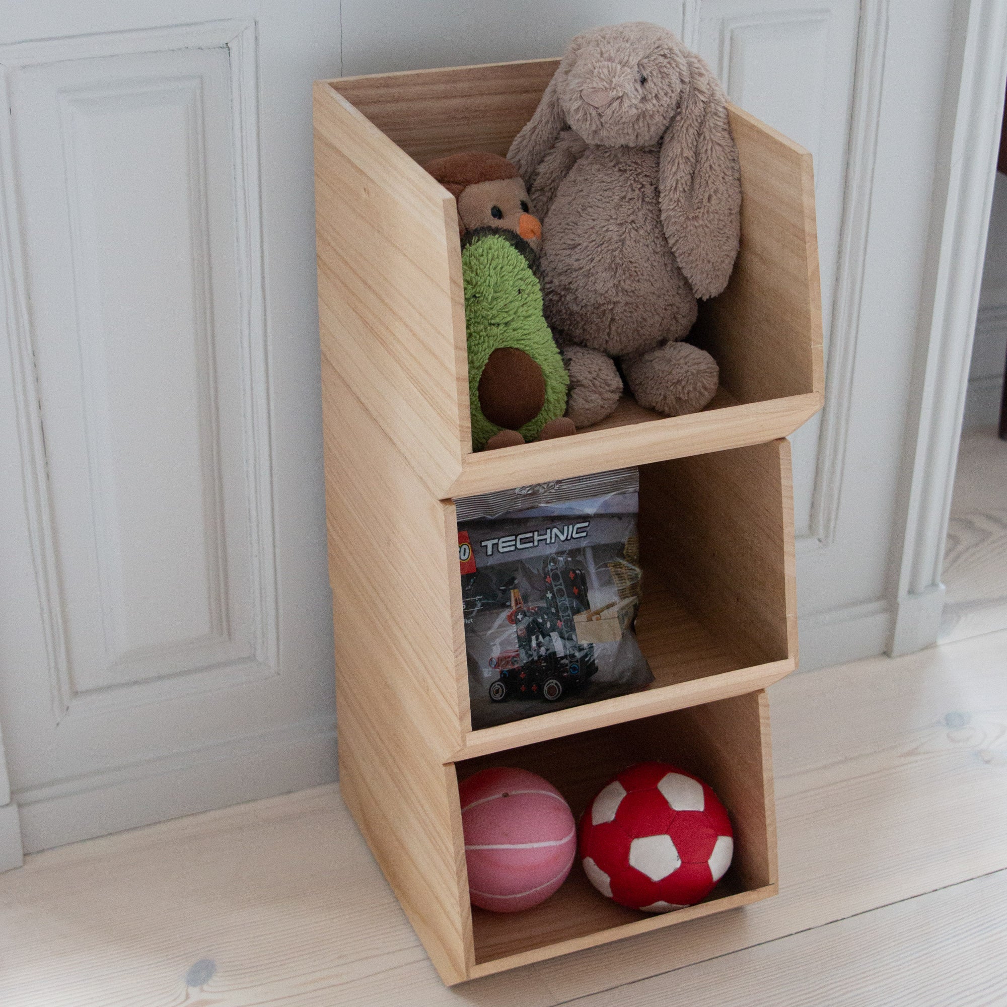 Stackable wooden box open front